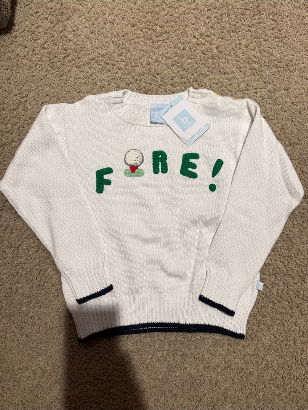 White Kids Golf 'FORE!' Sweater with Green Lettering Bella Bliss Brand size 7